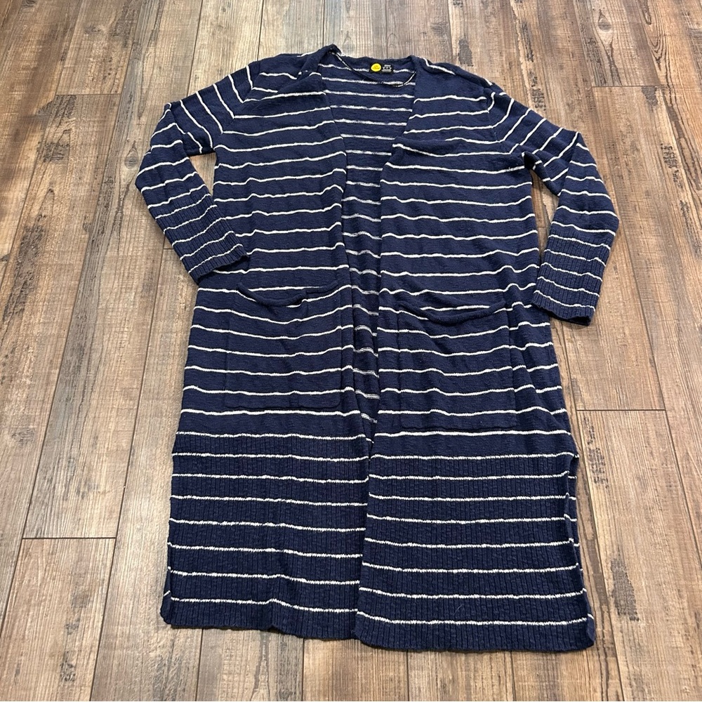 Life is Good Women's Large Extra Long Cardigan Open Front Blue Stripe